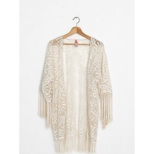 Ocean Club Cream Floral Lace Fringe Kimono Boho Cover Up Duster Womens UK 10-12